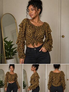 AKIRA Mustard Leopard Off-Shoulder Ruffle Knot Top
